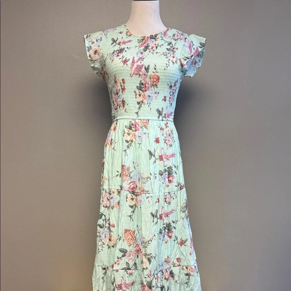 August Sky Floral Maxi Dress Mint Green Size Large Romantic Tiered - Picture 1 of 6